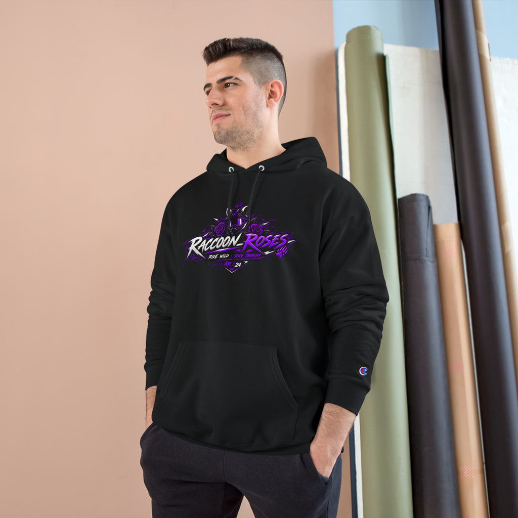 Raccoon Roses Hoodie — Bold Purple Graphic Streetwear Champion Hoodie