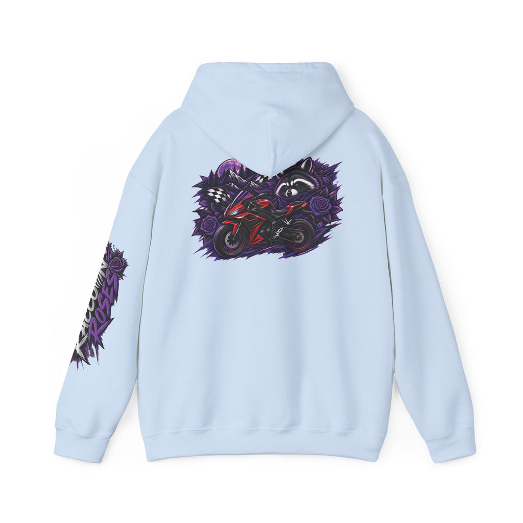 Raccoon Roadsters Motorcycle Graphic Hoodie — Retro Purple Rider Sweatshirt