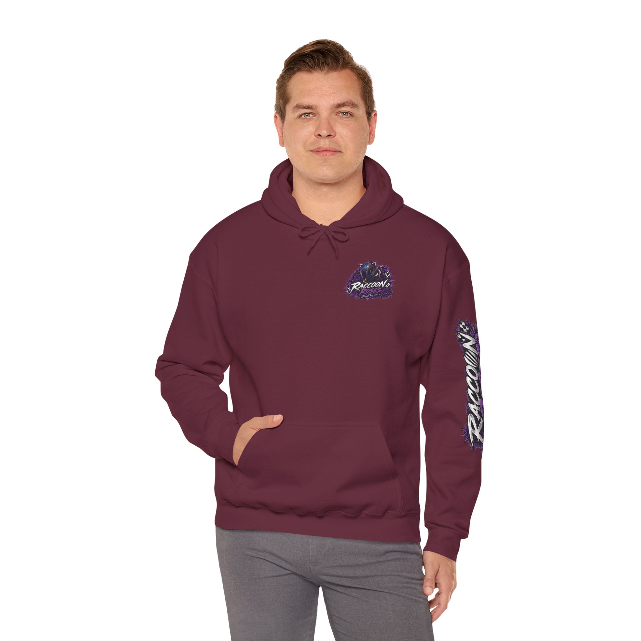 Raccoon Roadsters Motorcycle Graphic Hoodie — Retro Purple Rider Sweatshirt