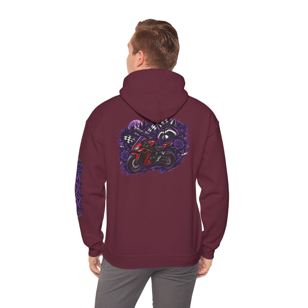 Raccoon Roadsters Motorcycle Graphic Hoodie — Retro Purple Rider Sweatshirt