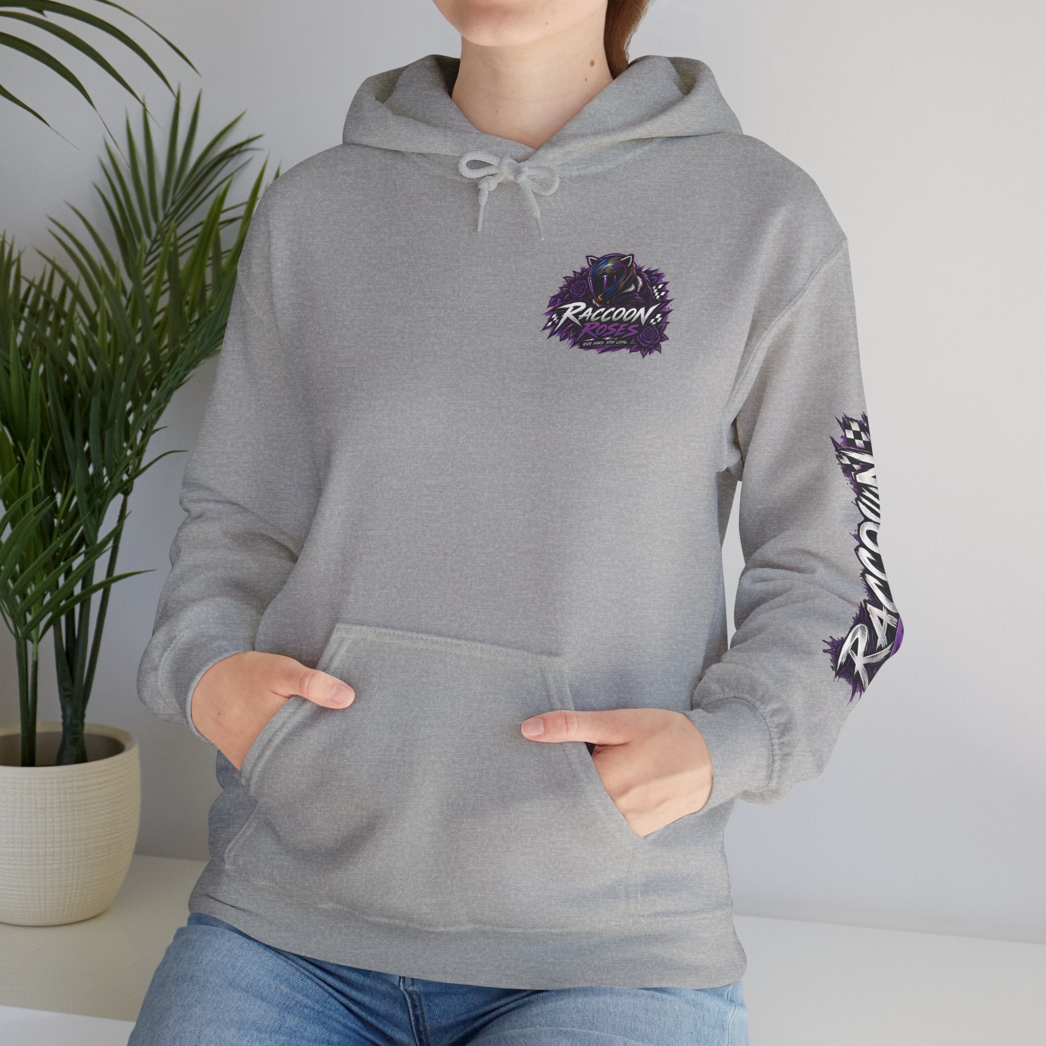 Raccoon Roadsters Motorcycle Graphic Hoodie — Retro Purple Rider Sweatshirt