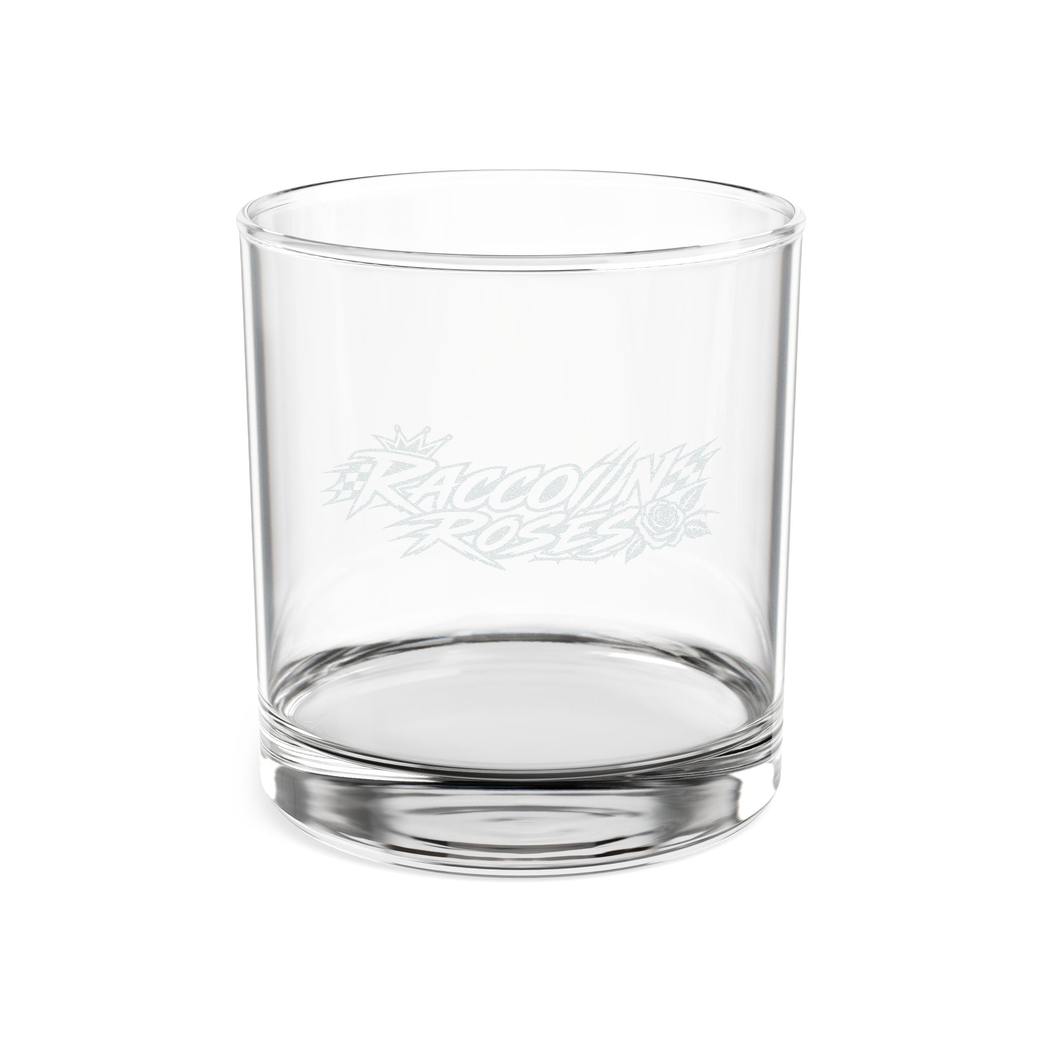 Engraved Whiskey Glass 10.5oz — 'Raccooning Roses' Distressed Logo Rocks Glass