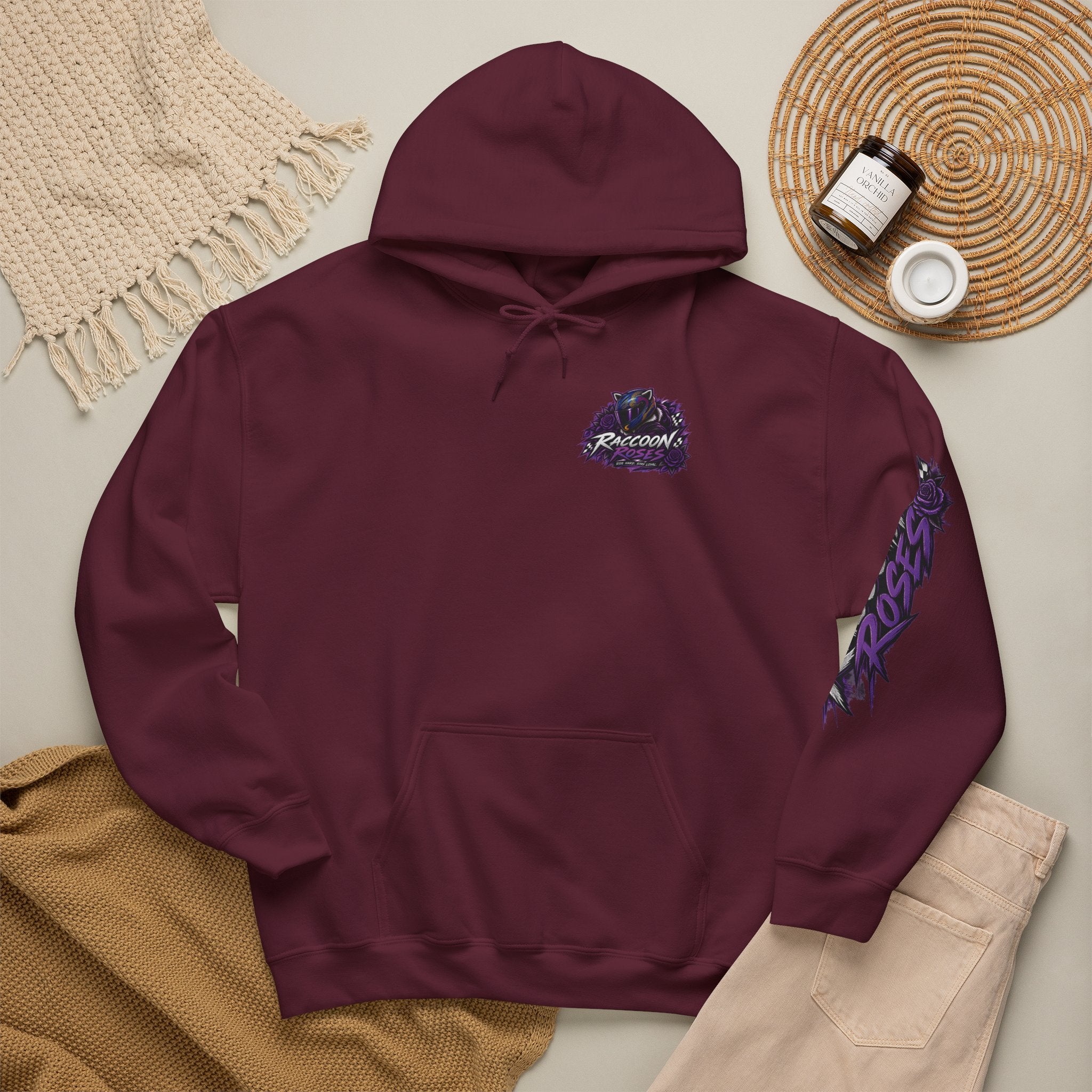 Raccoon Roadsters Motorcycle Graphic Hoodie — Retro Purple Rider Sweatshirt
