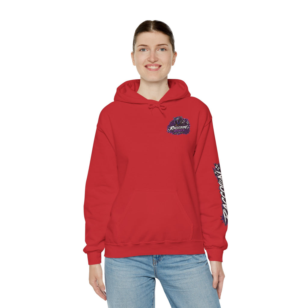 Raccoon Roadsters Motorcycle Graphic Hoodie — Retro Purple Rider Sweatshirt