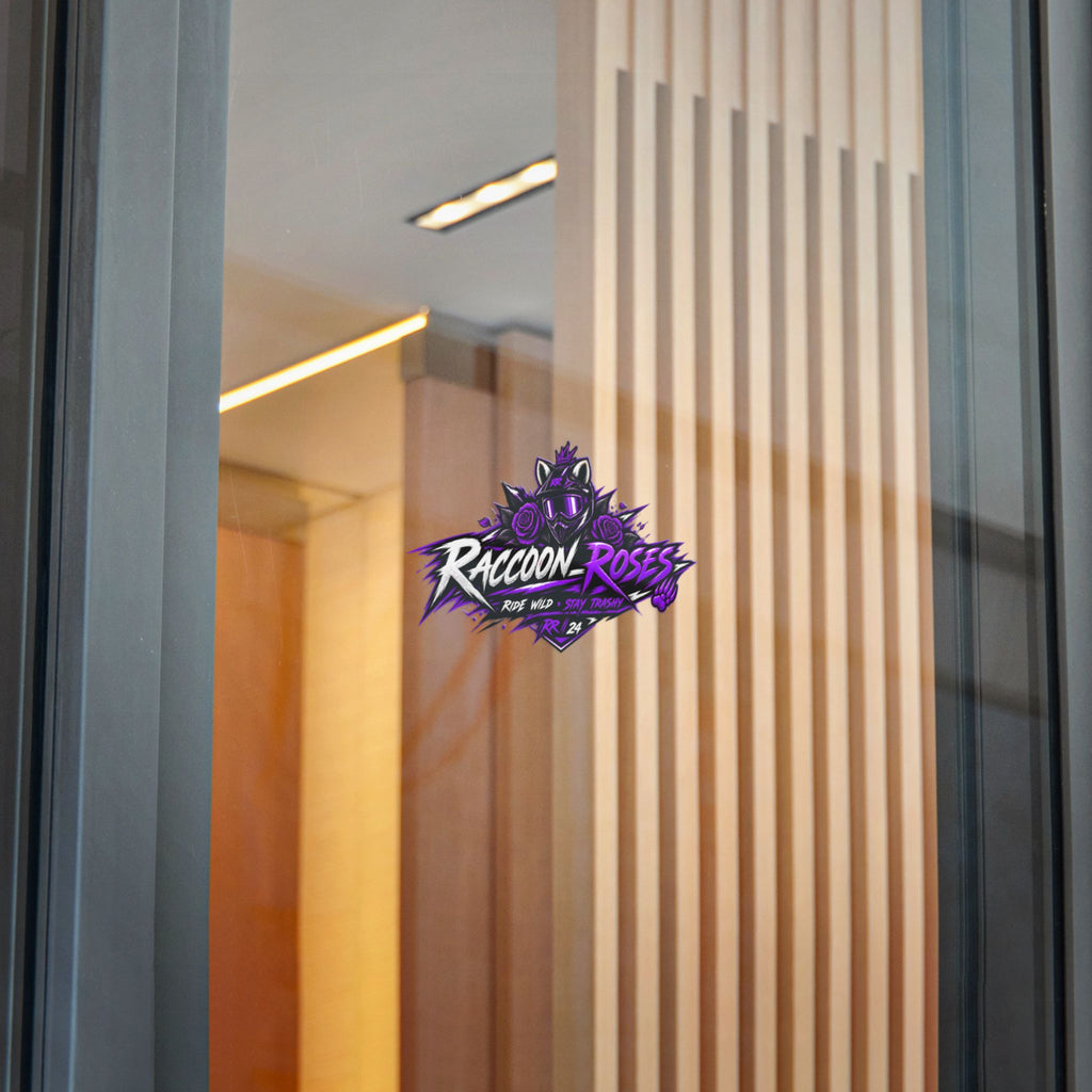 Raccoon Roses Die-Cut Sticker — 'Ride Wild, Stay Trashy' Purple Mascot Decal