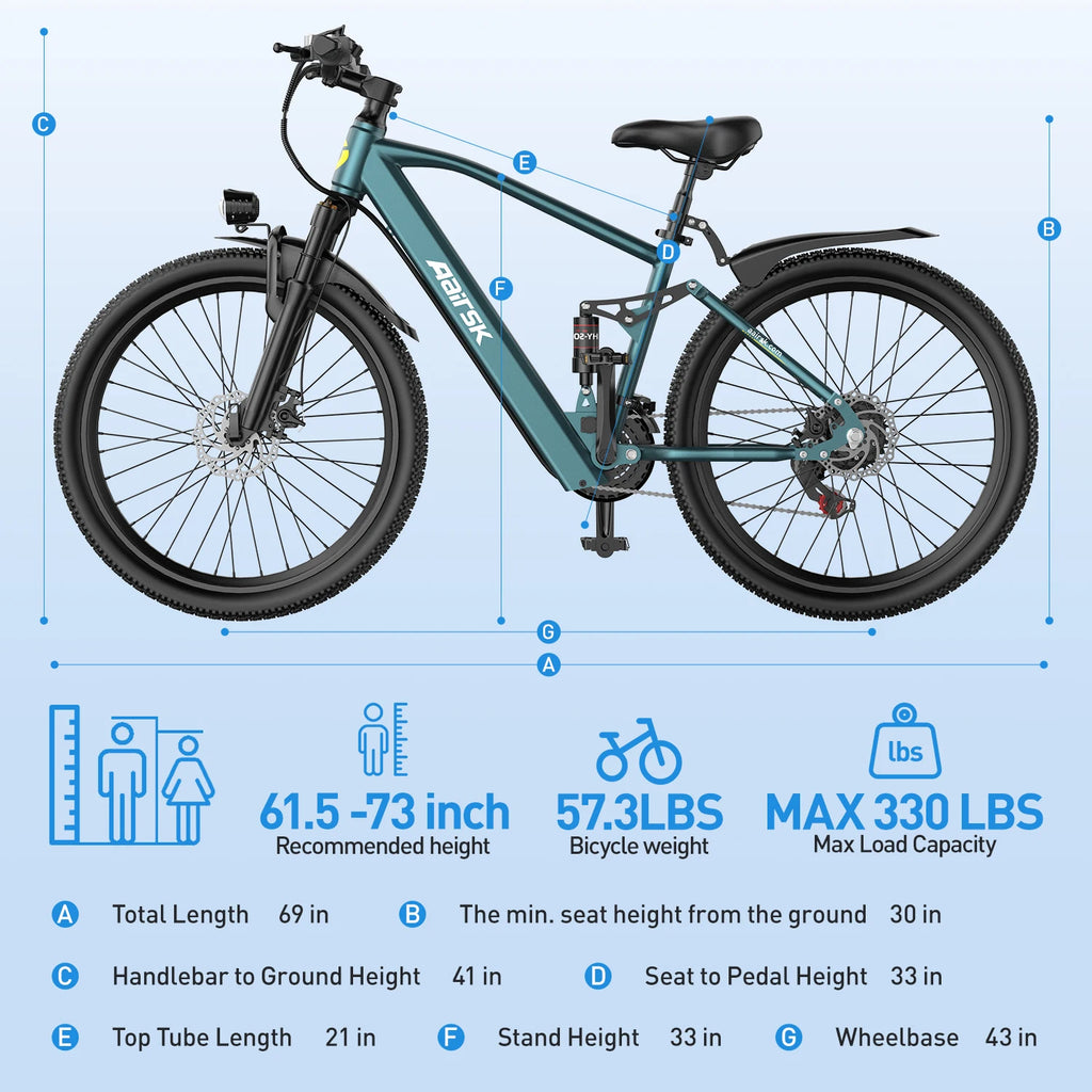 Airsk 250W 26" Electric Mountain Bike – 468Wh Battery & Dual Suspension